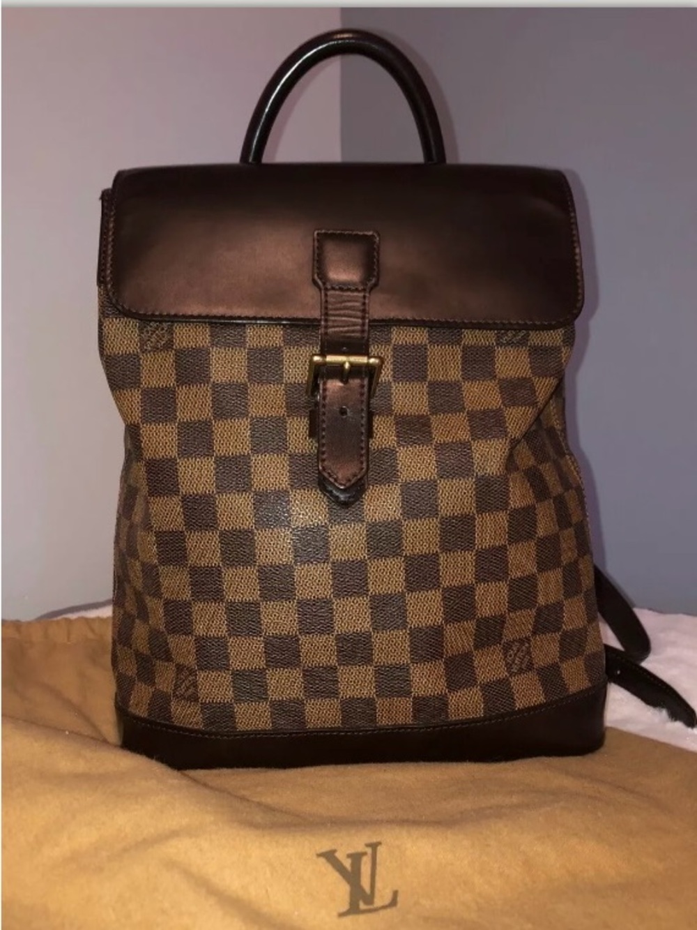 Designer-Style Brown Checkered Canvas Backpack with Dark Brown Leather Trim